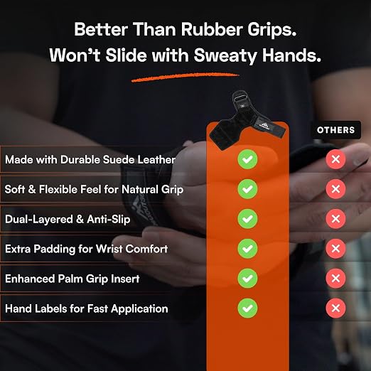 Lifting Grips for Weight Lifting, Powerlifting & Weightlifting Grips with Enhanced Grip, Double Layer Leather Gym Grips for Deadlifts & Back Workouts, Black