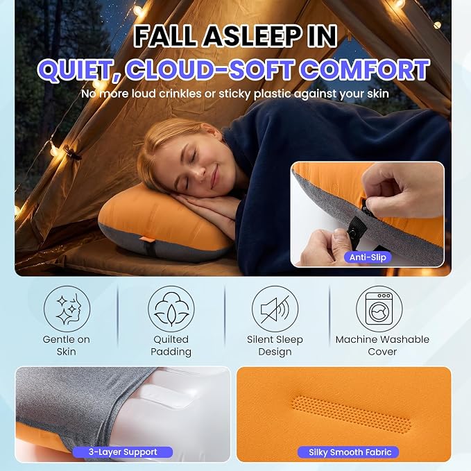 Inflatable Camping Pillow - Ultralight Compact Air Pillow for Travel, Backpacking & Hiking - Ergonomic Neck & Lumbar Support - Portable Inflatable Pillow with Removable Washable Cover -(Orange 2 Pack)