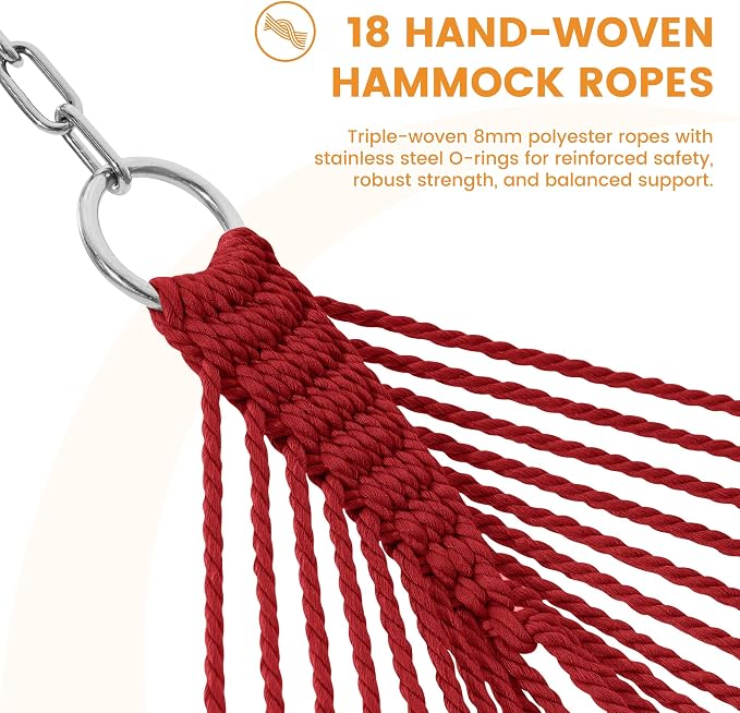 Lazy Daze Hammocks 10.5 FT Double 2 Person Caribbean Rope Hammock, Hand Woven Polyester Hammock with Spreader Bars, for Outside Outdoor Backyard Patio Poolside, 450 LBS Capacity, Red