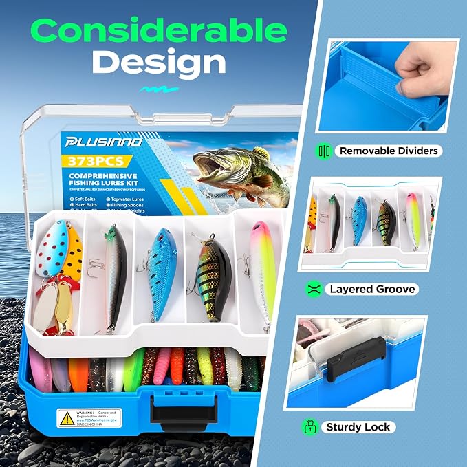 PLUSINNO Fishing Lures Tackle Box Gear Kit with Tackle Included, 373 PCS | Waterproof, Compact & Customizable, for Bass Trout, Freshwater Topwater, 16 Rigs, Fishing Gifts for Men Starter