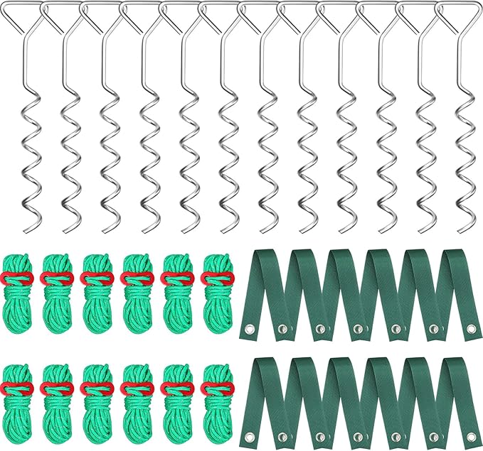 Sintuff 12 Set Tree Stakes and Supports Kit for Anti Hurricane Leaning Trees Straightening Heavy Duty 15. 75" Spiral Tree Stake with 13. 12 ft Ropes and 15. 75'' Support Straps (Green)