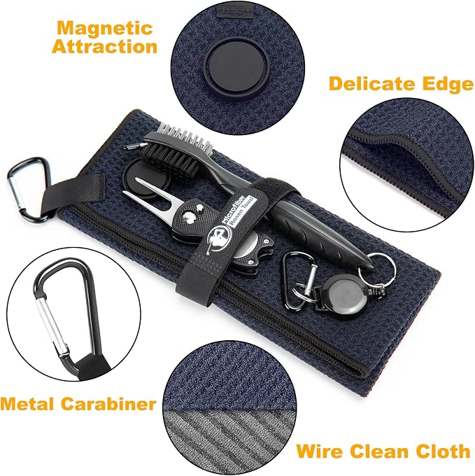 Magnetic Golf Towel, Microfiber Golf Towel with Brush and Divot Tool for Men, Industrial Strength Magnet Accessories for Strong Hold to Golf Bags, Carts or Clubs (Black)
