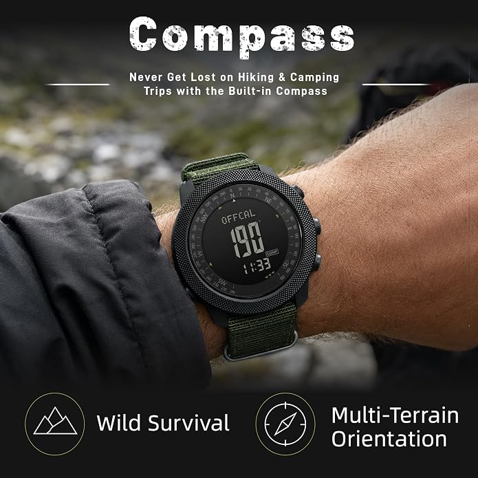 CakCity Digital Watch Military Tactical Watches for Men, 50mm Large Face Zinc Alloy Case with Breathable Double-Layer Nylon Strap, 5ATM Waterproof Shockproof, Altimeter, Barometer, Thermometer, Dual Time, Compass, Alarm, Stopwatch, Countdown