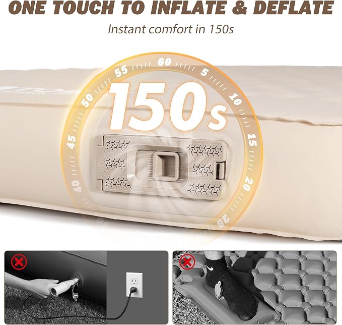 TOBTOS 4" Thick Self Inflating Sleeping Pad with Electric Pump, 150s Inflate Ultra-Compressible Foam Camping Mattress, All-Season Camping Sleeping Pad for Car, Tent - Full Size