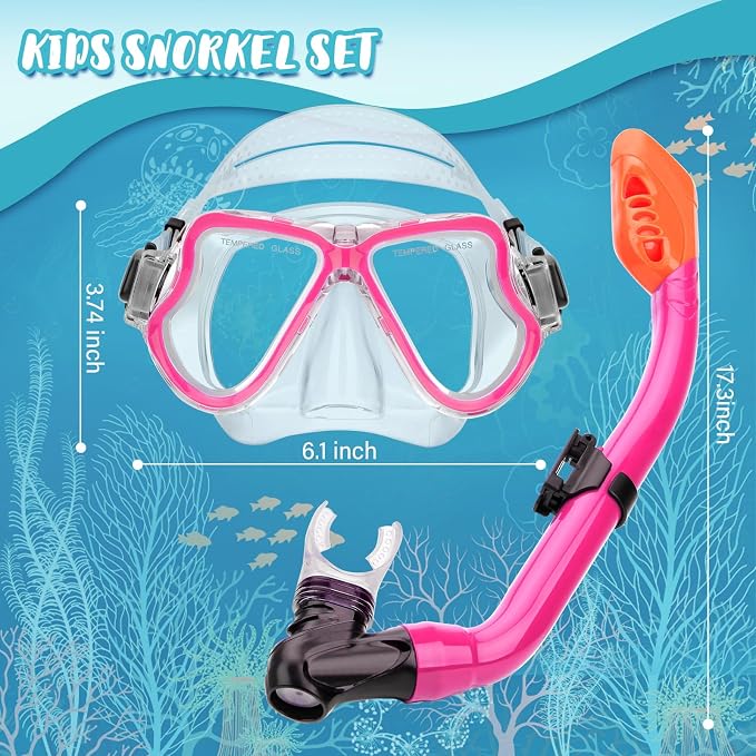 Snorkeling Gear for Kids, 4 in 1 Child Mask Fins Snorkel Set with Panoramic View Anti Fog Mask, Dry Top Snorkel, Trek Fins and Travel Bag, Kids Snorkeling Set with Fins for Snorkeling Swimming