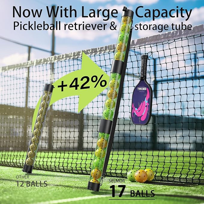17 Balls Pickleball Ball Retriever & Ball Holder Storage with Strap, Back Saver for Pickleball Accessories, Quick for Pickleball Tube Ball Pickup
