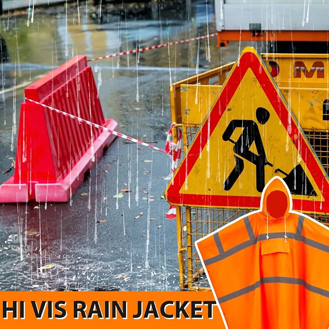 Coume High Visibility Rain Poncho 50x80 in, Waterproof Windproof Reflective PVC Safety Rain Gear with Drawstring Hood & Large Pocket for Construction, Traffic, Camping, Fishing, Outdoor Worker, Orange