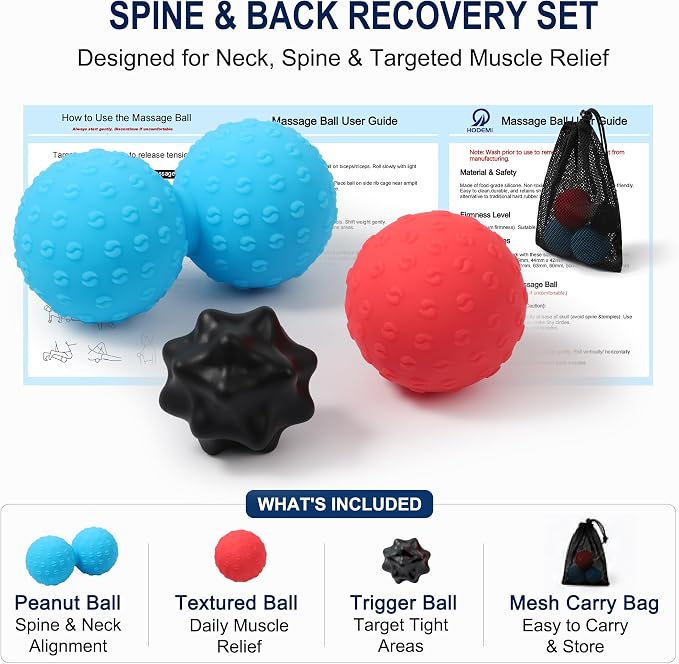 HODEMI Massage Ball Set, 3 Pack Spiky Ball, Lacrosse Ball & Peanut Massage Roller for Trigger Point Therapy, Deep Tissue Muscle Relaxation for Back, Neck, Hip, Leg & Foot with Mesh Bag