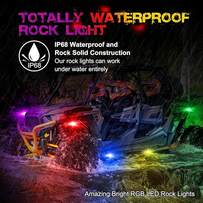 OFFROADTOWN RGB LED Rock Lights Kit 4 pods Neon Trail Rig Light Underglow with Bluetooth App Control for UTV ATV Polaris Can-Am Yamaha Honda Kawasaki Boat Motorcycle