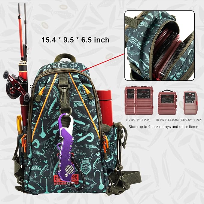 KINGDOM Fishing Tackle Storage Bag With Fishing lure Box, Water-Resistant Fishing Backpack with Rod Holder, Fishing Gear Bag