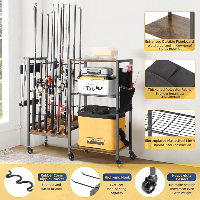 Olakee Fishing Rod Holders, Rolling Fishing Rod Rack for Garage & Boat, Tackle Box & Reel Holder Cart, Easy Assembly Fishing Gear Management System, Ideal Birthday Gift for Men Dad Anglers