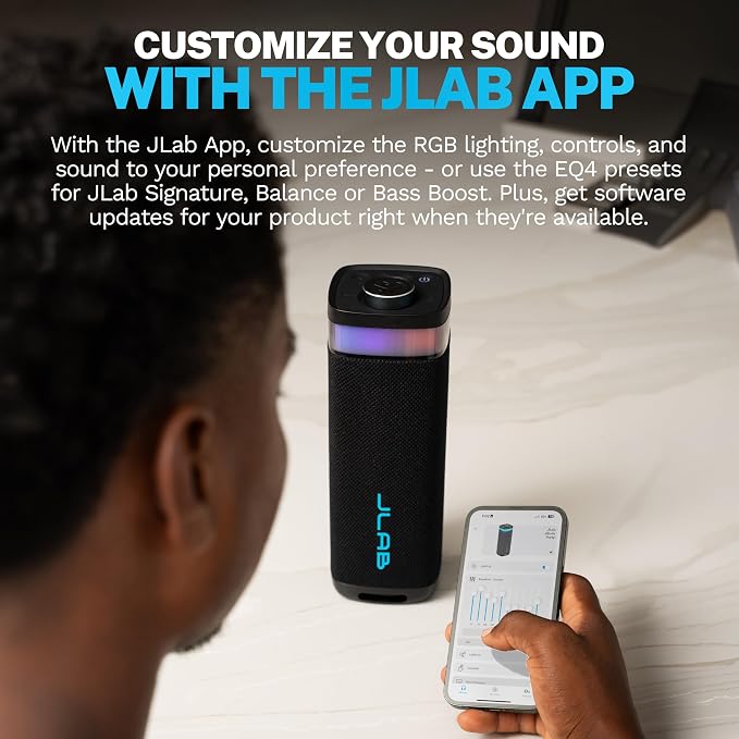 JLab, JBuds Party, Portable Bluetooth Speaker, IP56 Waterproof, Multi-Speaker Connect, RGB Lighting, Black
