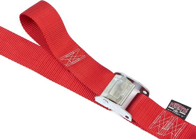 PowerTye Cam Buckle Tie Down Straps – 2 inch x 12ft Straps with Latch Hooks – Ideal for Motorcycle, ATV, Trailers, and Truck Bed Cargo – 600 lb WLL & 1,800 lb Break Strength – USA Made, Red (Pair)