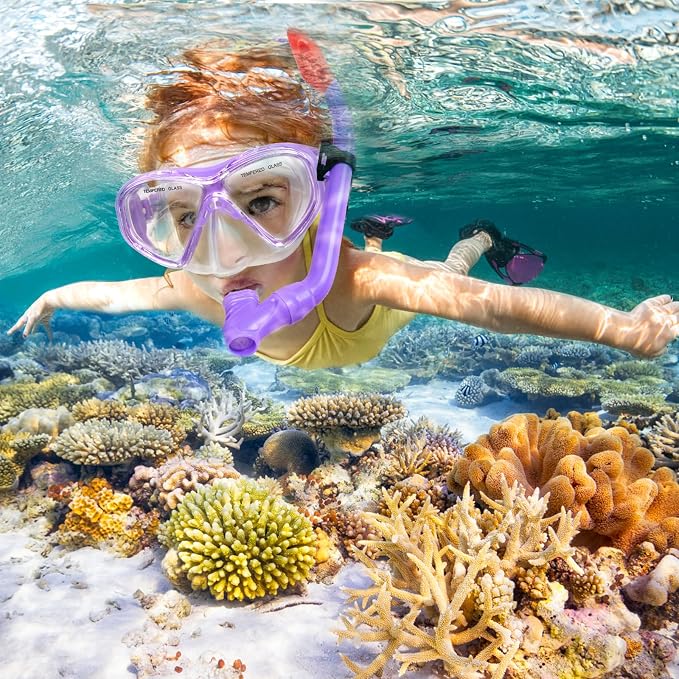 2 Sets Snorkeling Gear for Kids, Kids Snorkel Set for Ages 6-14, Dry Top Snorkel Mask Set for Youth Boys Girls Junior, Tempered Glass Diving Swimming Mask Goggles