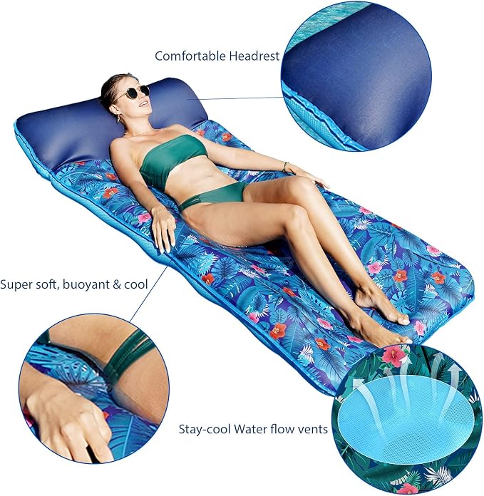 FindUWill Oversized Pool Float Lounge, 72" X 37" Extra Large Fabric-Covered Pool Floats for Adults, Inflatable Contour Lounger with Headrest Ultra-Comfort Cooling Pool Raft (XL, Monstera)