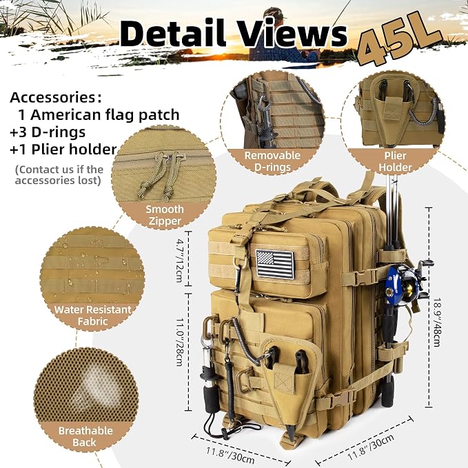 TBNBO 45l Large Fishing Tackle Backpack with Removable Plier Holder & Rod Holders, Khaki Tactical Bag, Fishing Gear and Tackle Box Organizer, Hiking Rucksack without Tackle Box