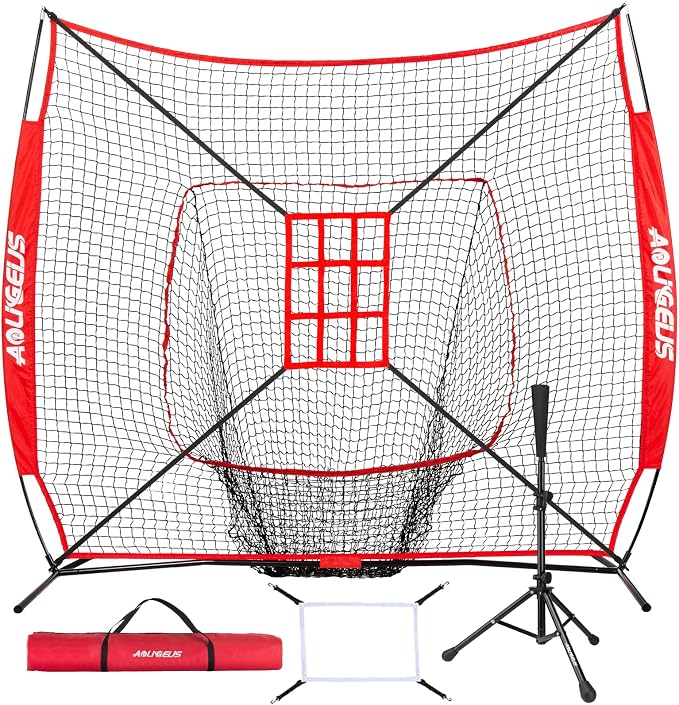 7'X7' Baseball Softball Practice Net,Pitching Net,Batting Net,with Baseball Tee,Bonus Strike Zone and Bow Frame,for Hitting,Pitching, Catching