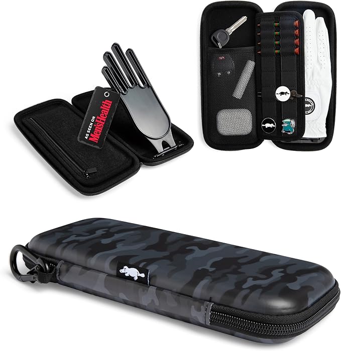 Platypus Golf Co. Golfing Caddie EVA Travel Case Organizer with Bamboo Tees & Ball Marker - Hand Reversible Hinging Glove Shaper & Holder, Mesh Pocket & Storage Slots, Golfers Cases for Men & Women