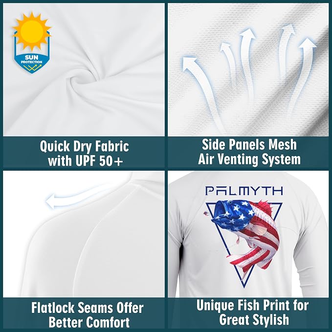 Palmyth Fishing Hoodie for Men Long Sleeve Sun Protection UV UPF 50+ Shirts | Hidden Zipper Pocket, Thumb Loops, Quick-Dry, Side Mesh Panels, Lens Cleaning Cloth, 4-Way Stretch