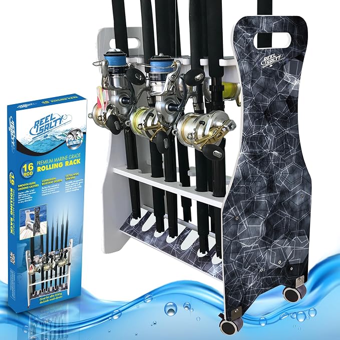 Rush Creek Creations Reel Salty Waterproof Marine Grade 16 Rolling Fishing Rod Holder Dock/Garage Storage Rack, Father's Day Gift, Gift for Dad and Grandpa, Gray/White, 29.8" L x 11.6" W x 30.9" H