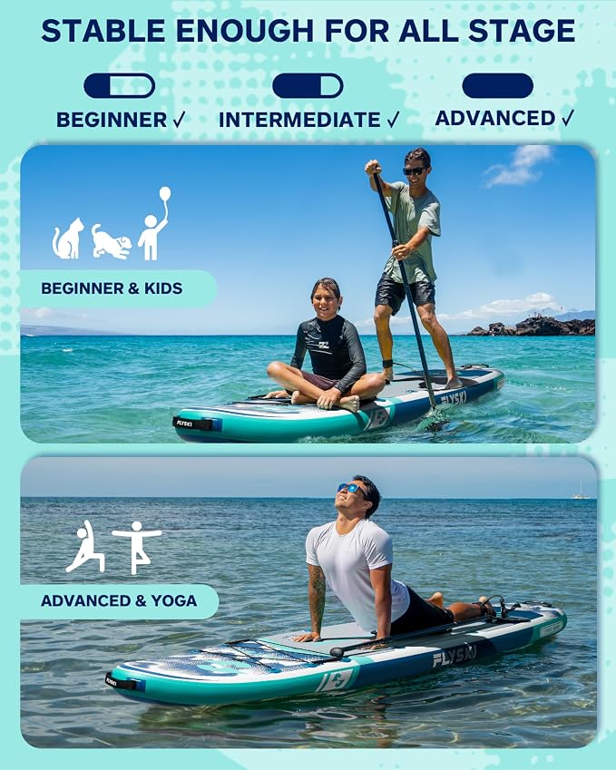 Flyski 11'x34 Ultra Wide Paddle Board, Inflatable Paddle Board&420lb Capacity for All Skill, Inflatable Paddle Board for Adults, Yoga/Family/Fishing Paddle Board, Anti-Slip Deck, US Fin, Pump,100L Bag