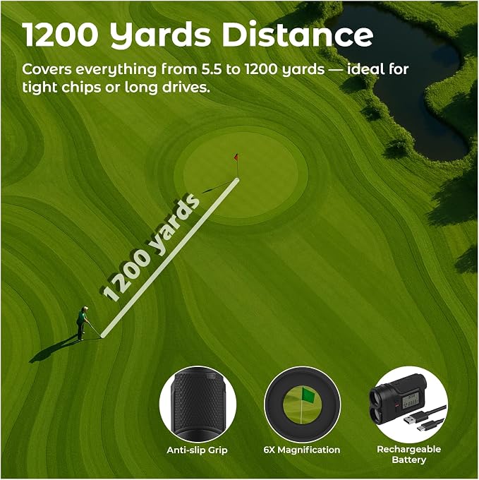WanderS Golf Rangefinder, Slope Switch On/Off, 1200 Yards Laser Range Finder, Flag Lock Vibration, 6X Magnification, Tournament Legal, Side Display, Rechargeable Battery, Golf Accessories, Men/Women