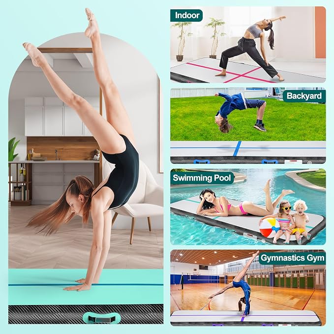 Inflatable Gymnastics Mat 10ft/13ft/16ft/20ft/ Air Tumbling Track Mats 4/8 inches Thick for Home Use/Training/Cheerleading/Yoga/Water with Pump