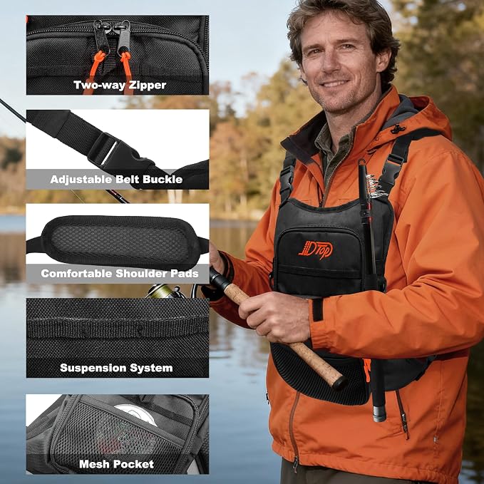 Fishing Chest Pack for Men, Lightweight Fishing Backpack, Fly Boxes Storage Bag (Black)