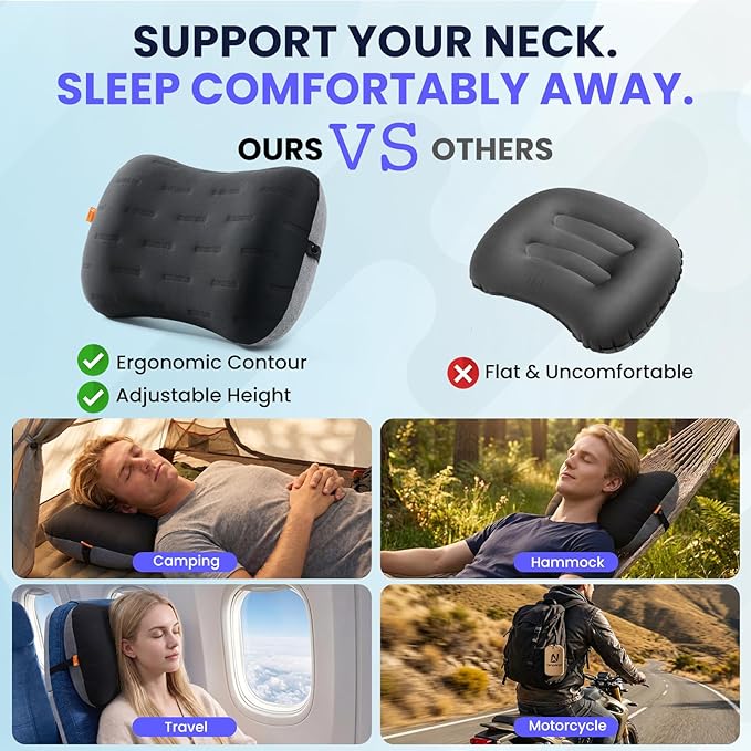 Inflatable Camping Pillow - Ultralight Compact Air Pillow for Travel, Backpacking & Hiking - Ergonomic Neck & Lumbar Support - Portable Inflatable Pillow with Removable Washable Cover - (Black)