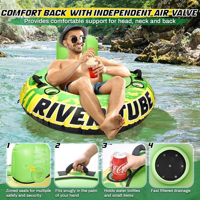 53" Heavy Duty River Tube for Floating with Canvas Cover, Tubing Floats for Lake Pool, Inflatable Water Tube for Floating with Cup Holders Handles Headrest, River Raft Carry 300lb of Adults