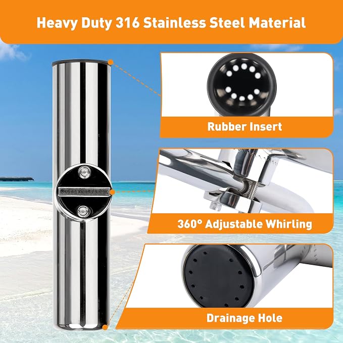 2 Pack Fishing Rod Holders for Boat Rail Mount, Stainless Steel Clamp on Rod Holder for Marine Boat, Fishing Boat, Pontoon, Jon Boat
