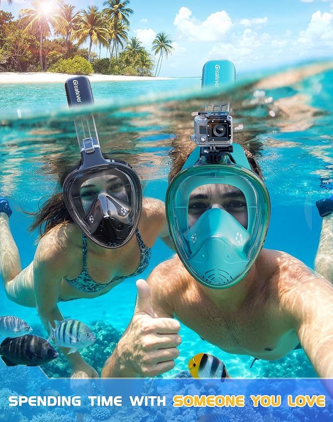 Greatever Full Face Snorkel Mask, Snorkeling Gear for Adults with Latest Dry Top Breathing System and Detachable Camera Mount, Foldable Snorkel Set for Family Snorkeling Trips, Anti-Fog & Anti-Leak