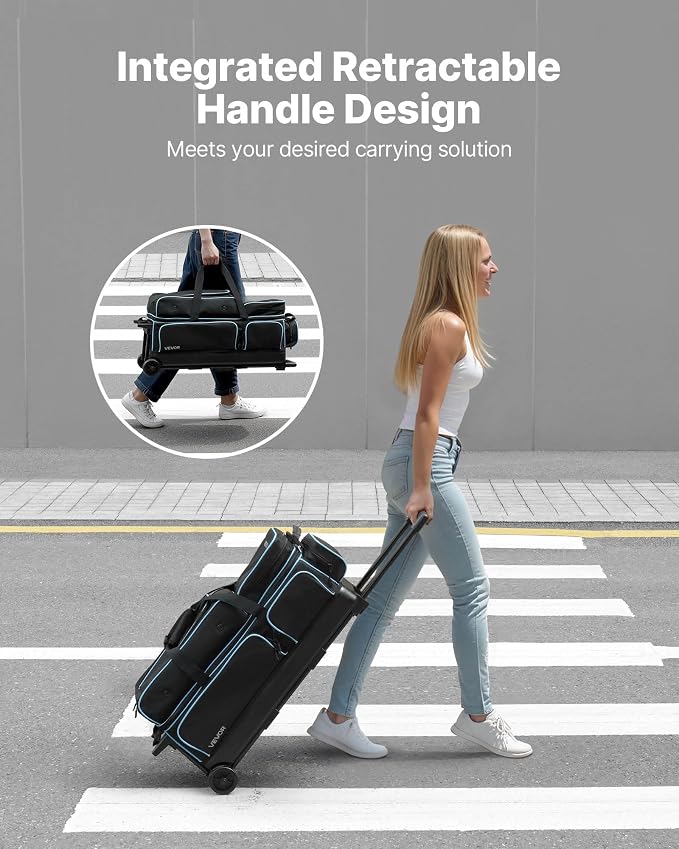 VEVOR Bowling Ball Bag, 3 Ball Double Roller Bowling Bag with Wheels, Featuring a Separate Compartment for Shoes (Up To US Size 16) & Oversized Accessory Pocket, Retractable Handle Extends to 41.34 in