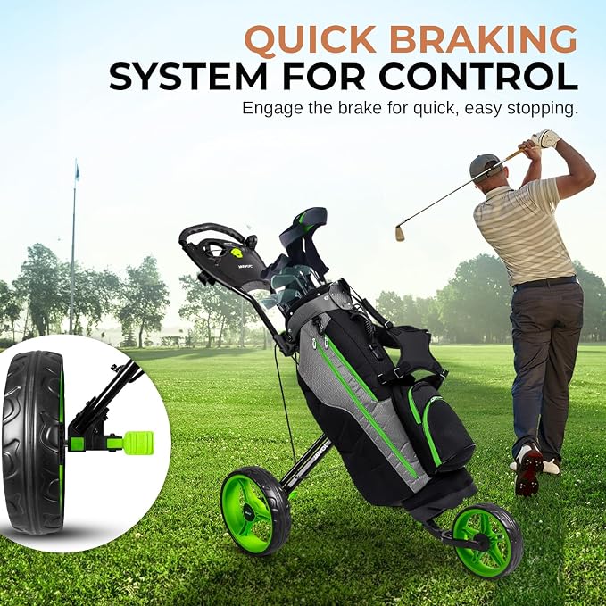 Jovial Foldable 3 Wheel Junior Golf Push Cart, Lightweight Aluminum Pull Cart with Scorecard Holder, Adjustable Handle, Quick Brake System, Compact Folding Golf Trolley with Strap, Easy Storage