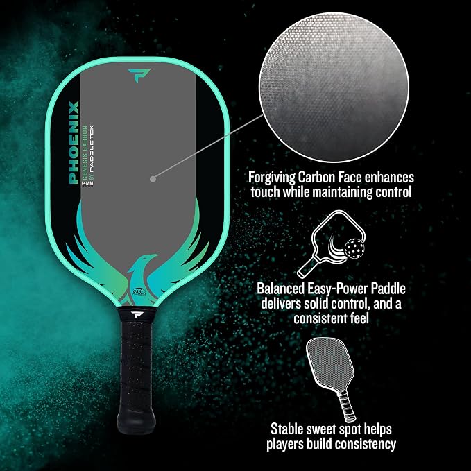 Paddletek Phoenix Genesis Carbon 14mm Pickleball Paddle – Textured Carbon Fiber Pickleball Paddle with Polypropylene Honeycomb Core – USAPA Approved – Balanced All-Court Performance – 5.25" Handle