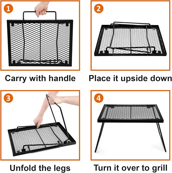 Elsjoy 17" Folding Campfire Grill Grate with Carrying Handle, Portable Camping Grill Over Fire Mesh Grate, Heavy Duty Steel Grate for Outdoor Cooking, Picnic, BBQ