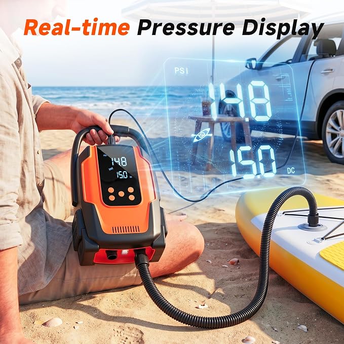 Paddle Board Electric Pump, 50 PSI High Pressure SUP Pump with Auto-Off, 12V DC Paddleboard Pump with Inflation & Deflation, 8 Nozzles Air Pump for Paddle Board, Inflatables, Kayaks, Car Tires