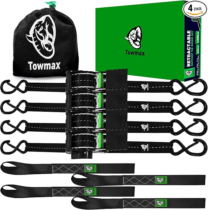 Retractable Ratchet Straps(4 Pack) - 1in x 10ft Self Retracting Ratchet Straps with Soft Loops, 1,500 lbs Break Strength Retractable Tie Down Straps, Easy Retract for Motorcyle, Cargo, Truck, Trailer