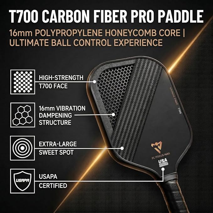 T700 Carbon Fiber Pickleball Paddle, Pickleball Set 16mm Pickle Ball Rackets with CMS Matte Surface Lightweight Honeycomb Core & Durable Edge Frame Larger Sweet Spot