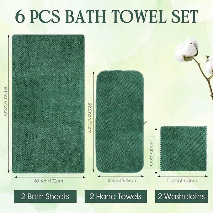 Peryiter Oversized Bath Towels Set of 6 for Adults 40x80 Inches Extra Large Bath Towel Sets Bathroom Sheets Jumbo Shower Towels Quick Dry Absorbent Soft Microfiber for Adults (Dark Green)
