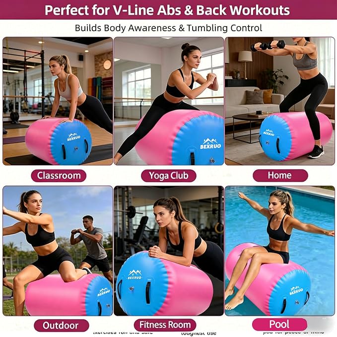 Gymnastics Air Barrel Roller, Inflatable Tumbling Roller Air Mat, Ergonomic Yoga Training Equipment, Barrel Trainer with Pump for Backhandspring, Cheerleading, Home, Gym & Yoga Practice