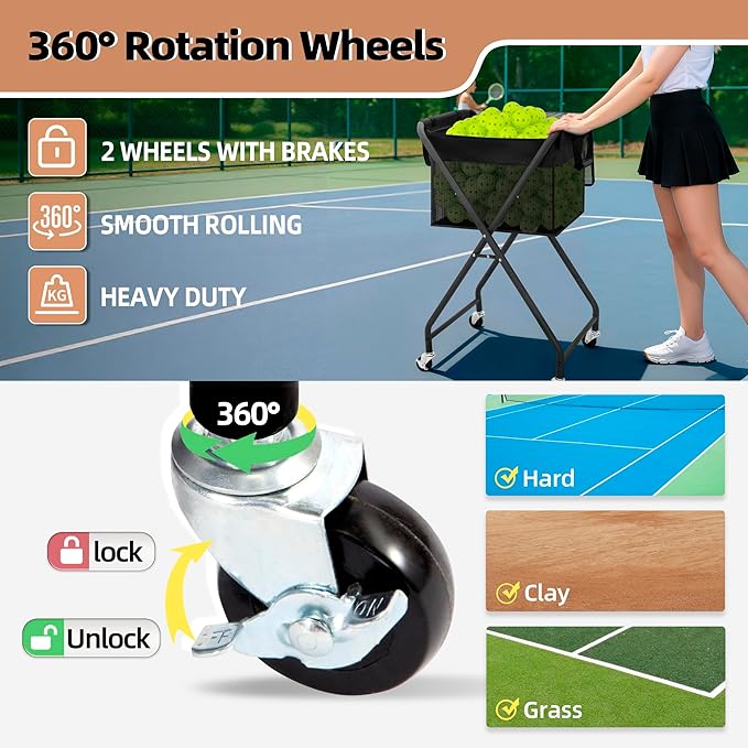 STORAGE MANIAC Foldable Tennis Ball Hopper Cart with Removable Ball Bag | Oxford & PVC Liner with Steel Frame, Holds 150 Balls, Portable Rolling Pickleball Training Cart, 20.7"L x 17.9"W x 35.8"H