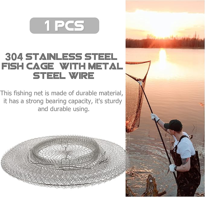 Extra Large Wire Fish Basket, 28X18 inches Fishing Net Cage Collapsible, Crabs Basket Trap Holder for Live Caught Fish, for Seawater, River, and Boat Fishing, Stainless Steel Galvanized, Silver