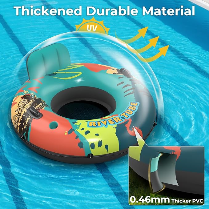 53" Heavy Duty River Tube Float for Adults,Inflatable River Raft Float for Pool Lake Beach with Built-in Cup Holders, Ergonomic Backrest,Durable Grip Handles & Grab Rope, 360Lb Weight Capacity
