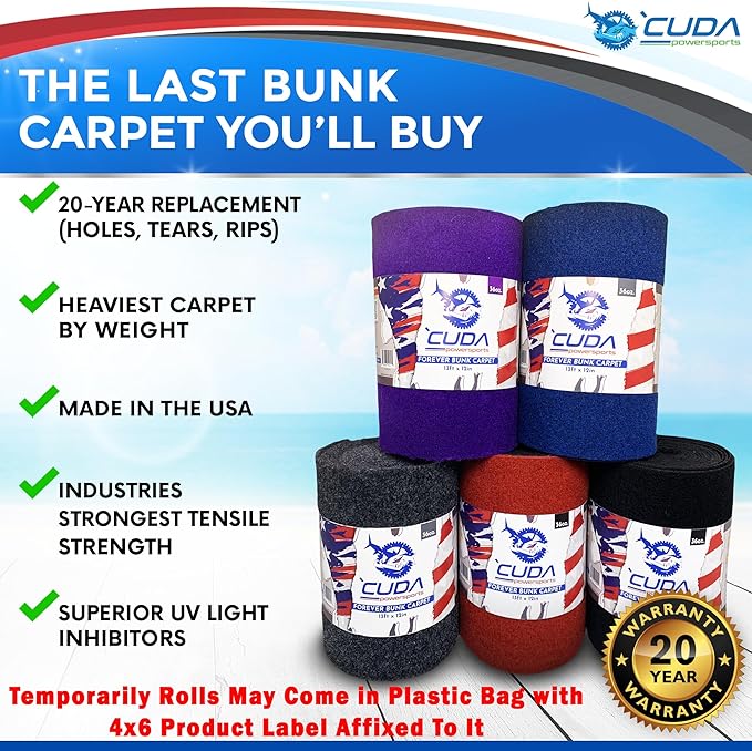 Cuda Boat Trailer Bunk Carpet FOREVER-12 Inch Wide x 13ft- 20 Year Life 36 Oz Roll- Cuda Bunk Carpet for Boat Trailers Parts Accessories Black Lift Runners Covers Waterproof