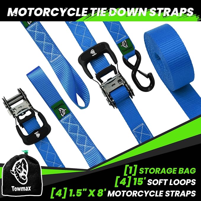 Ratchet Straps Heavy Duty 4 Pack -1.5 Inch x 8 Feet (5,208LB Break Strength)- Motorcycle Tie Down Straps -1.5xThickened Wear-Resistant Ratchet Tie Down Set for Powersports, Motorcycle or Moving Cargo