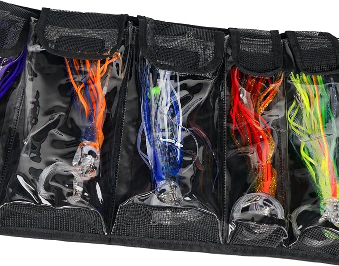 THKFISH Big Bait Bag, Roll-Up Large Trolling Lure Bag for Big Baits with 7 or 8 Heavy Duty PVC Protective Cover Pockets, Mesh Cleaning & Drying Tabs