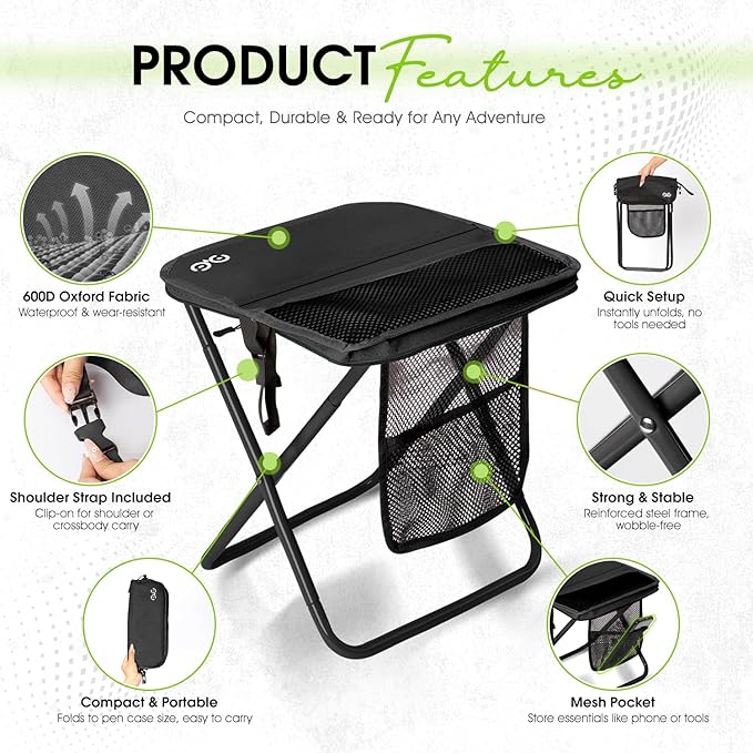 CAMDOOR Portable Collapsible Stool, 16″Folding Stool with 3 Side Pockets and Shoulder Strap, Extra Large Camping Chair Supports 400 lbs, Ultralight Portable Seat for Outdoor, Hiking, Fishing