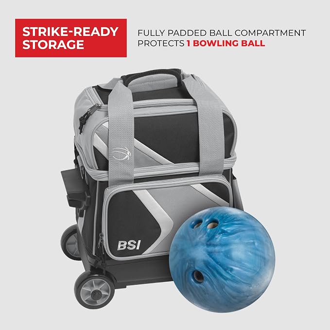 BSI Dash Roller Bowling Bag with Smooth Rolling Wheels, Padded Ball Compartment, Retractable Locking Handle, & Shoe Pocket