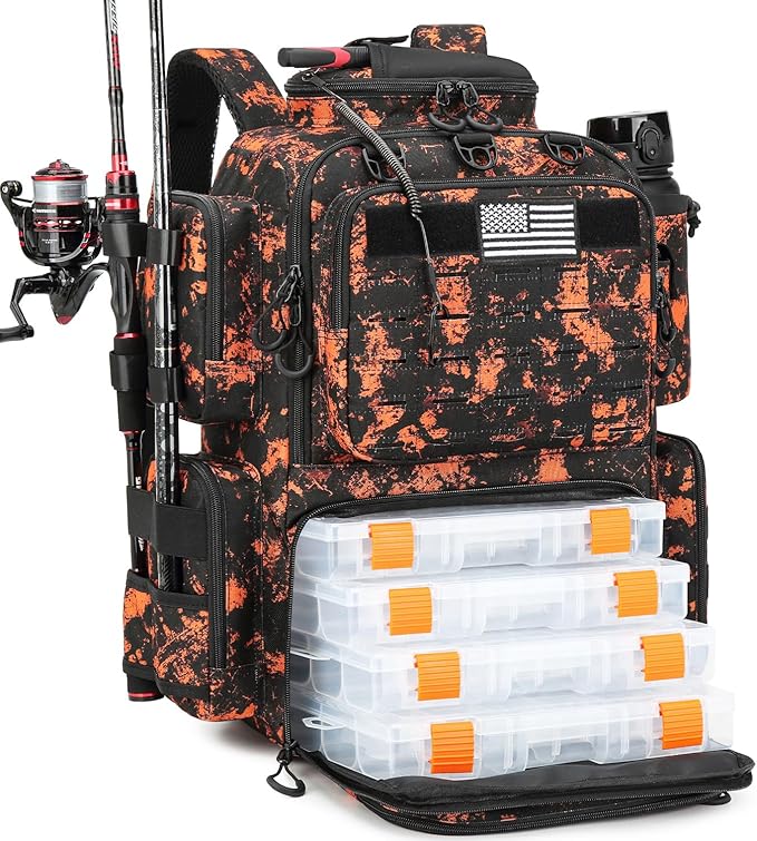 Tactical Fishing Tackle Backpack with Tackle Boxes, Rod Holders & Bottle Holder, 50 L Large Fishing Tackle Box Backpack with Cooler, Fishing Bag with Trays Store Gear & Equipment, Mars CM